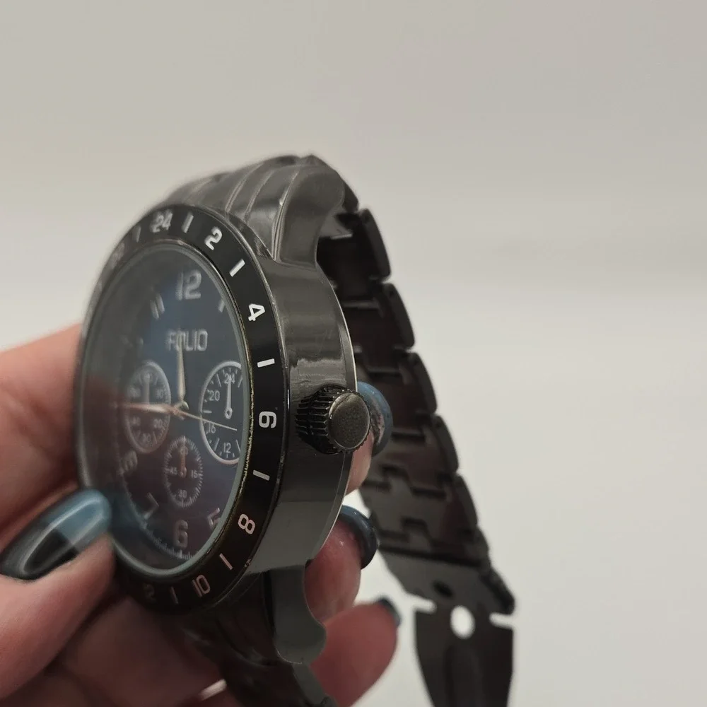 Folio FMDMSG906 Mens 55mm Chrono Blue Dial Watch. Black SS Band, New Batteries.